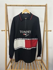 VTG 90s Tommy Sports BL Big Flag Spellout Zip Polo Jersey Shirt XL