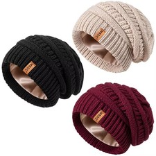 3 Pack Satin Lined Beanie for Women, Warm Slouchy Winter Hats with Silk Lined...