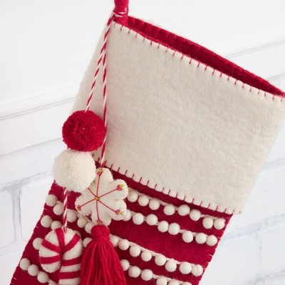 Red and White Felted Wool Tassel Christmas Stocking -World Market