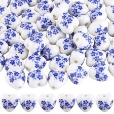 1 Box 60Pcs Ceramic Heart Beads Blue Flower Porcelain Beads Bulk Blue, White