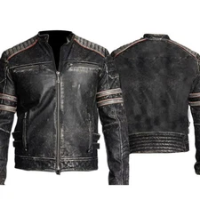 Motorbike MC Vintage Retro Leather Distressed Black Jacket - Mens Biker Jacket