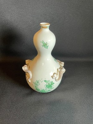 HEREND Apponyi Bouquet Green GOLD trim Vase Dolphin  handles 10'' RARE