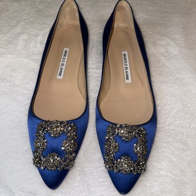 Manolo Blahnik Hangisi Flat Satin Jewel Buckle Flats Blue 38.5 NEW Stunning