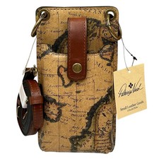 Patricia Nash Farleigh Leather Crossbody Phone Case European Map Print Brown Tan