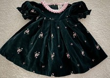 VTG Baby Girl 3-6 Months Dark Green Dress With Pink Accent Flowers And Trim