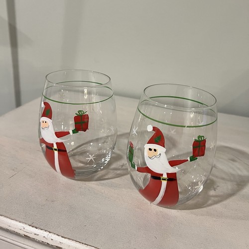 Christmas Santa Hand Painted Stemless Wine Glasses Set of 2