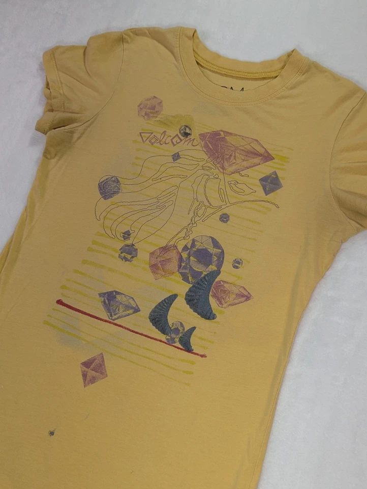 Volcom "Strange Relics" Medium Yellow Babydoll Cap Sleeve Tshirt 90s Y2K - Image 3 of 4