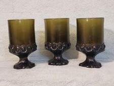 3 VTG Tiffin Franciscan Madeira Olive Green Heavy Glass Wine Goblets-VERY RETRO 
