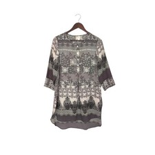Fig and Flower Gray White Black Floral High Low 3/4 Sleeve Tunic Blouse Top M