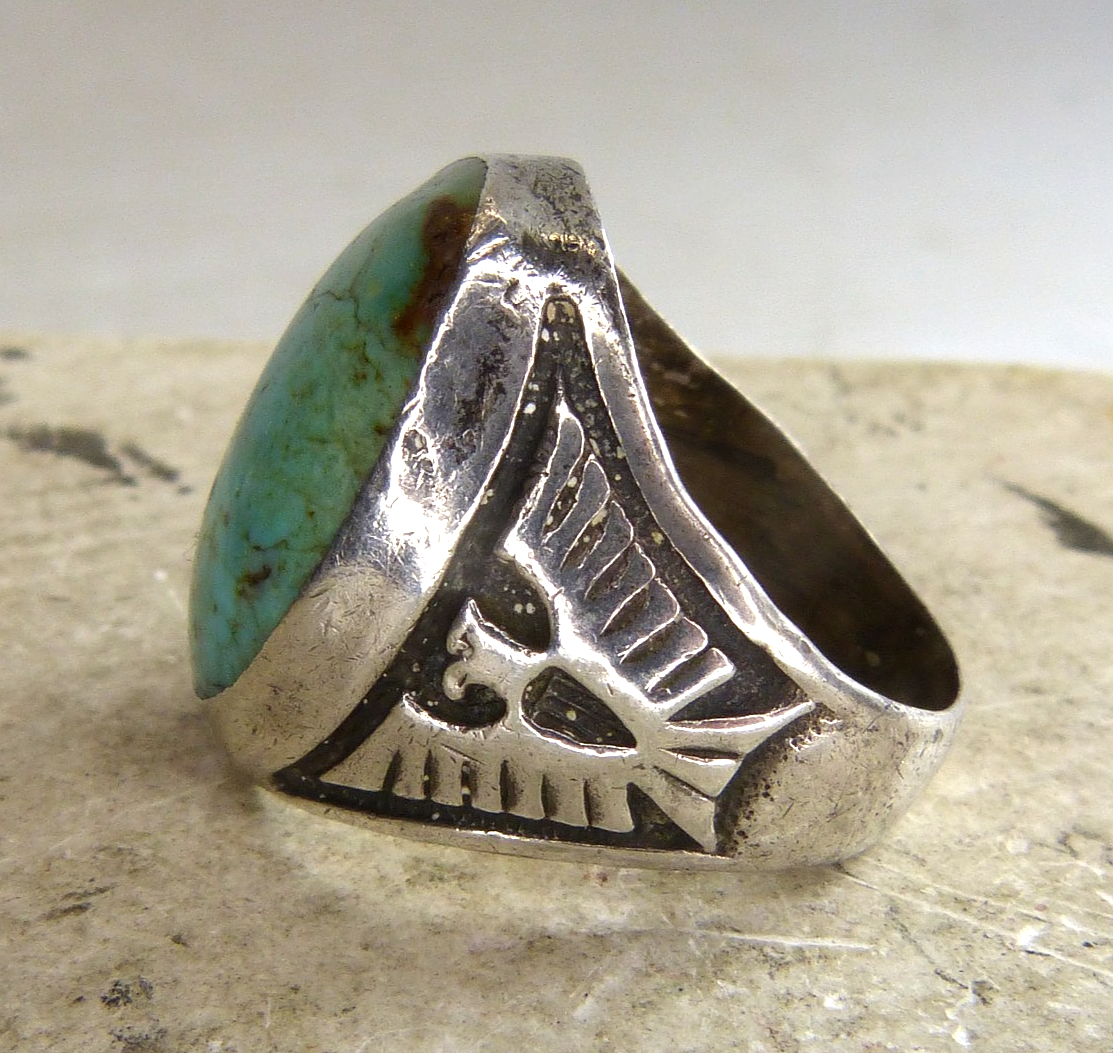 Vintage Navajo Sterling Silver & Turquoise Thunderbird Ring Estate