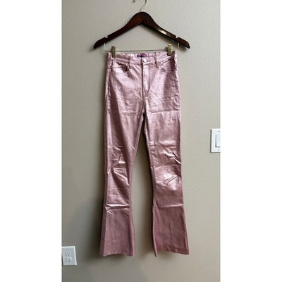 Edikted Metallic Flare Jeans Size M Pink High Waisted Coated Festival Pants