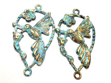10pcs Brass bird flower connector 2 holes Boho earrings Green blue patina 806