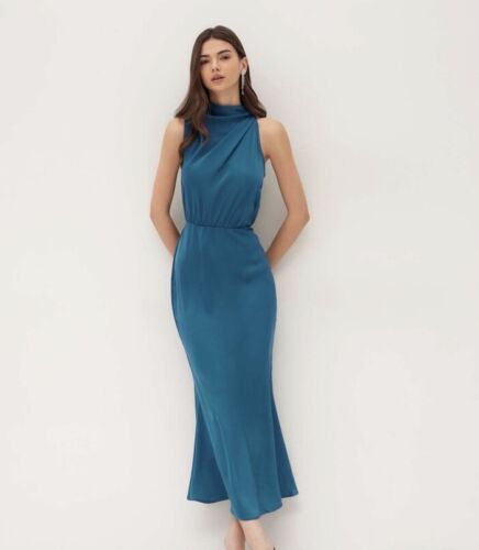 Cider High Neck Sleeveless Ruched Blue Feminine Cocktail Party Maxi Dress XS NWT