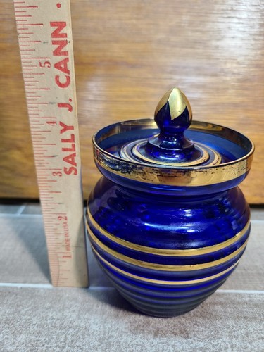Cobalt Blue Glass Sugar Jar With Gold Detailing - Picture 11 of 12