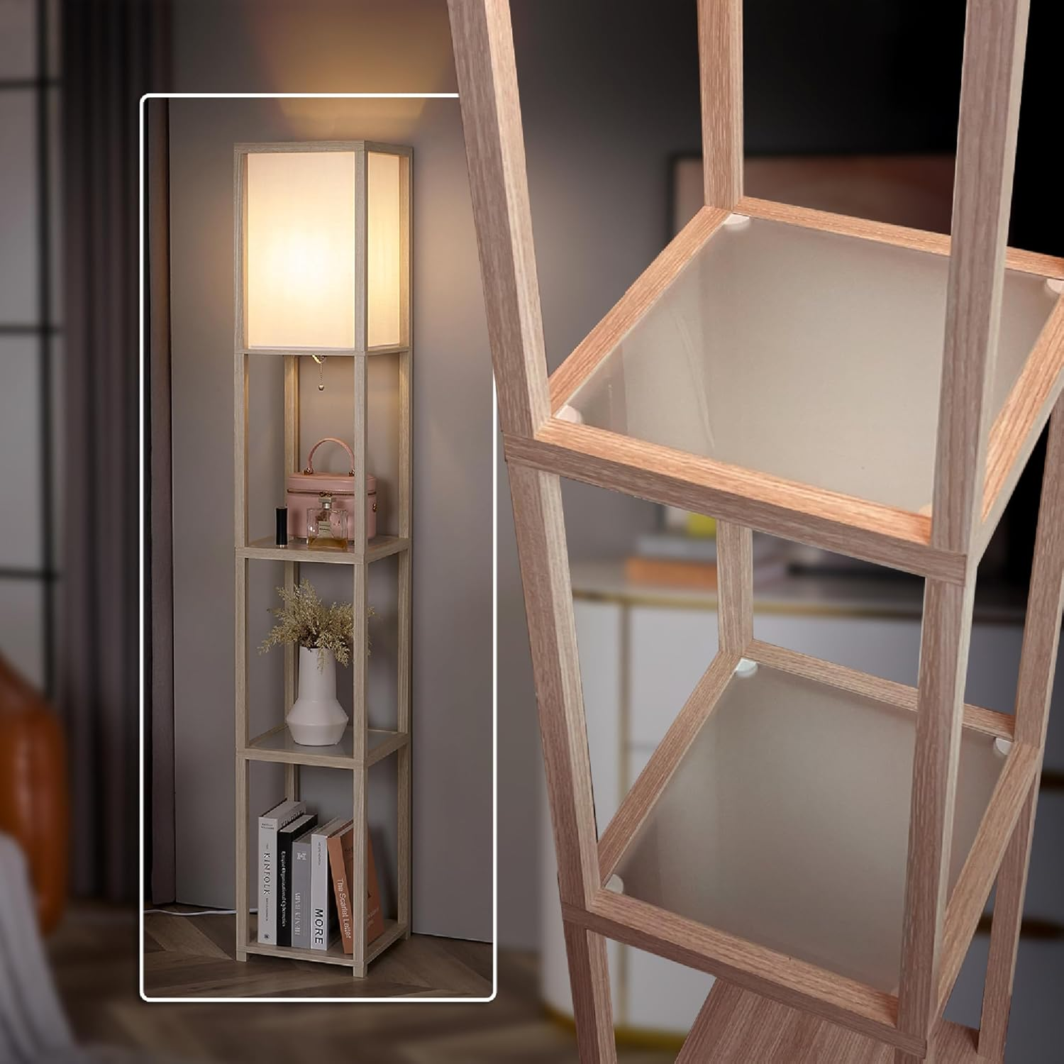 Tall Modern Floor Lamp with Tempered Glass Shelves – Sturdy Standing Light for Living Room or Office-image