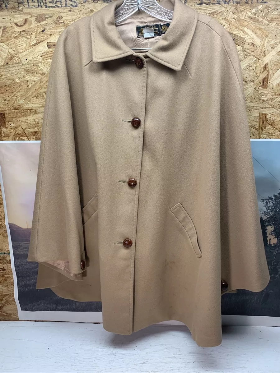 Vintage Eddie Bauer Poncho Wool Jacket Womens Tan Cape Cloak Coat 70s 80s Size L