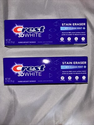 2 Count Crest 3D White Stain Eraser 2.7 oz Anticavity Icy Clean Mint Toothpaste