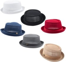 6Pcs Summer Mesh Pork Pie Hat Beach Party Fedora Cap Boater Porkpie Breaking...