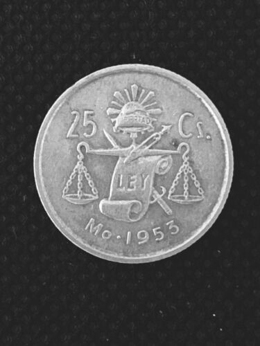 MEXICAN SILVER COIN 30 % 25 CENTS 1953 BALANCE, CAP, & RAY Excellent Coin #872M