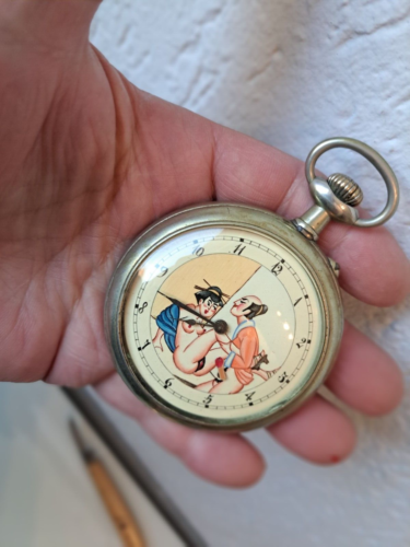 erotische Uhr / bewegliches Zifferblatt , alte , große Taschenuhr Doxa , Geschah - Bild 9 von 9