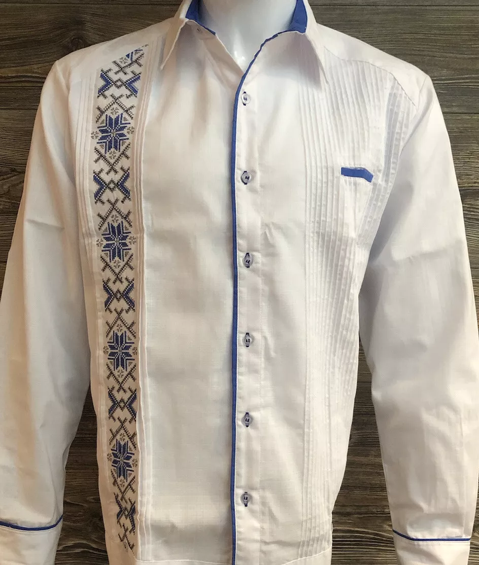 Men&#039;s Guayabera Shirt Presidential Style Linen Sleeve Flame Blue eBay