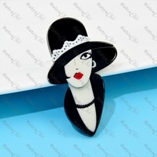 Acrylic 3D Art Deco Vintage Style Black Hat Lady Brooch Shawl Lady Pin Flapper