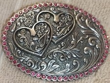 Cowgirls Western Oval Belt Buckle Double Hearts Pink Rhinestone Border