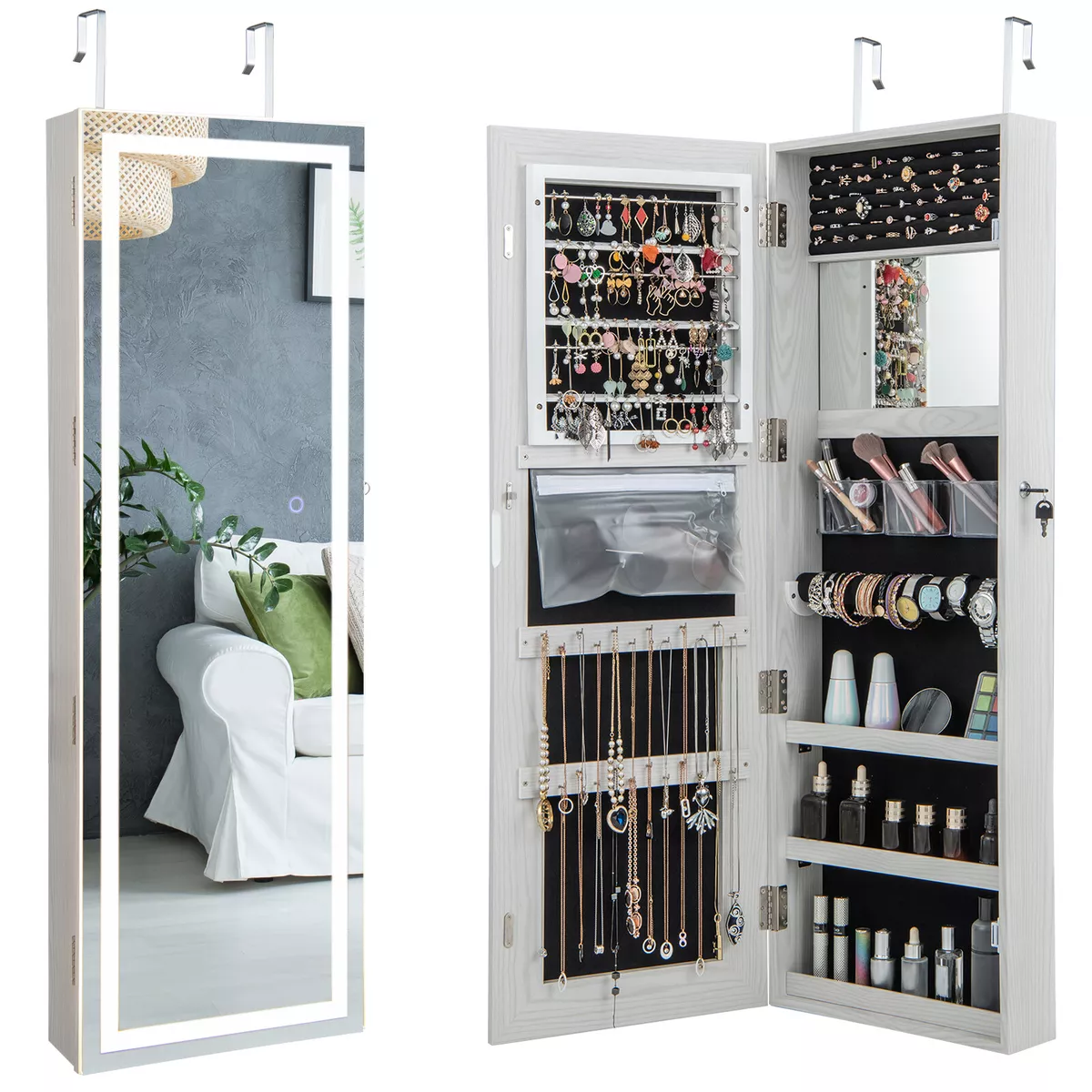 Mirrored Jewelry Cabinet Door Wall Mount Touch Screen 3 Color LED
