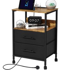 Bedside Table Nightstand with Charging Station 2 Outlets 2 USB Ports & Wheels