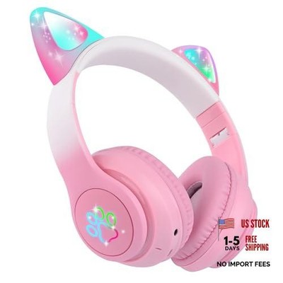 Kids Wireless Headphones LED Light up Cat Bluetooth Headphones, Color Pink Pro