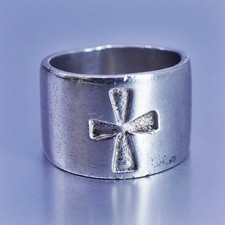 Size 6.75, vintage statement Sterling 925 silver handmade ring, band with cross