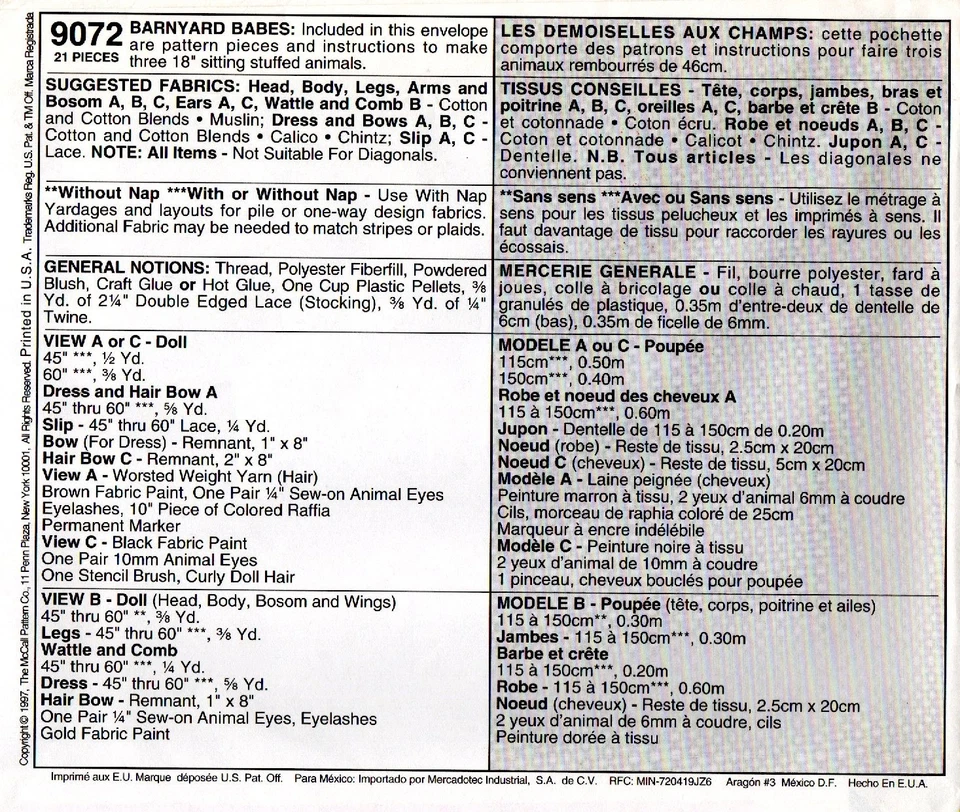 1997 Plush Toy Doll Cow Chicken Pig Sewing Pattern McCall's 9072 New OOP - Image 2 of 2