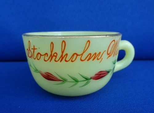 UG Uranium HEISEY Custard Glass Cup - STOCKHOLM Wisconsin WI Souvenir
