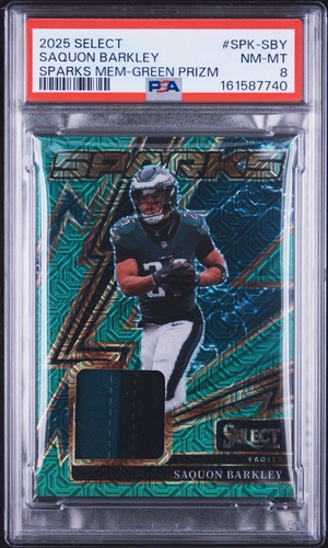 2025 Panini Select - Sparks Saquon Barkley Green Prizm Memorabilia 4/5 PSA 8