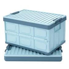 Blue Folding Plastic Stackable Utility Crates 2-Pack Collapsible Storage Bins...