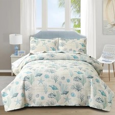 3Pcs Ocean Theme Quilts Set Size Lightweight Coastal Full/Queen Light Blue