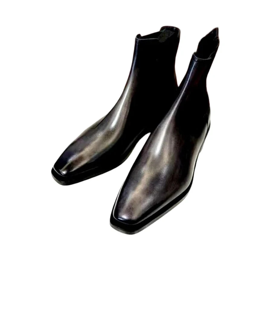 Handmade Black Genuine Leather Chelsea Pull On Office Casual Dress Boots For Men