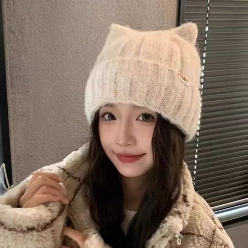 Wool Cat Ears Hat Windproof Women Beanie Hats Knitted Pullover Hat Girls