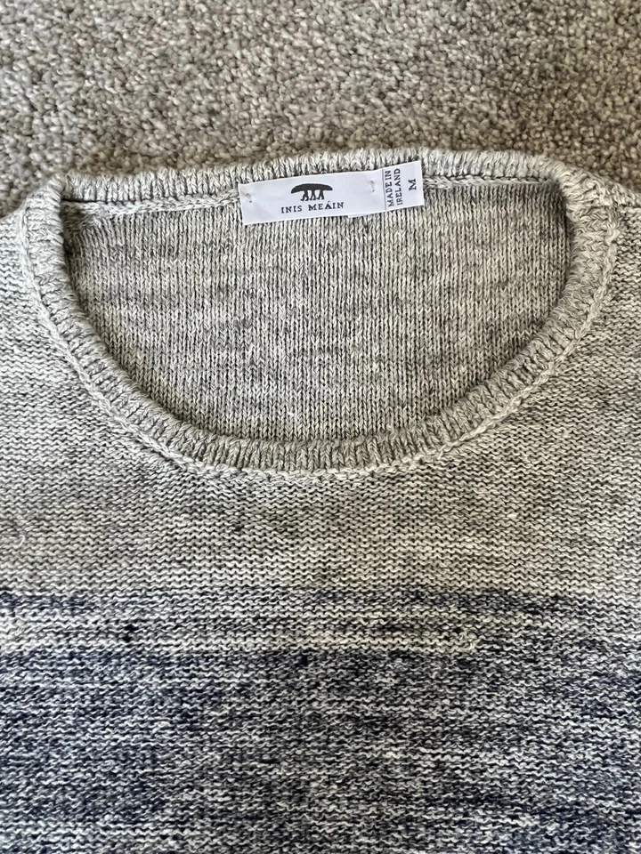 Suéter túnica de lino gris ostra y azul Inis Meain "Ombre" para hombre, talla mediana M Foto 3 de 4