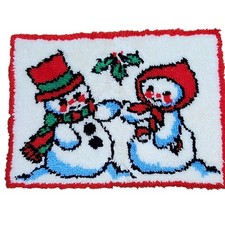 Vintage 1970s Mr  Mrs Snowman Latch Hook Rug Completed Christmas Holiday Decor