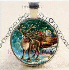 Silver 20" necklace REINDEER WINTER CHRISTMAS SNOW glass Pendant charm female