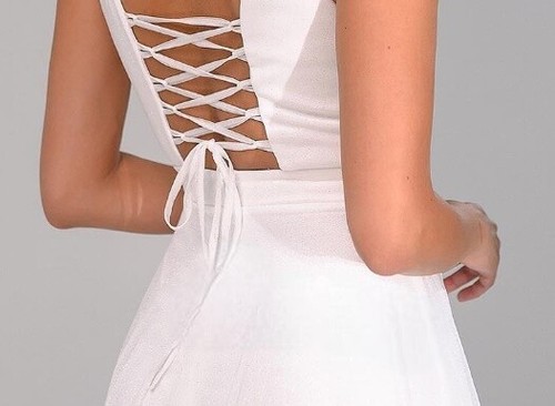 Shiny Long Chiffon White Maxi Dress with Empire Waist and Lace-Up Back - Picture 7 of 10
