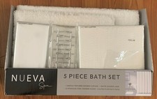 Nueva Spa 5pc Bath Set: waffle textured shower curtain, liner,hooks, rugs, White