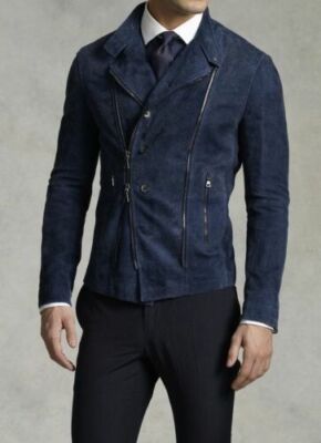 Men Navy Blue Suede Jacket Biker Moto Size XS S M L XL XXL 3XL Custom Made