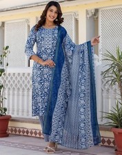 Women's Cotton Printed Straight Kurta with Pant  Dupatta Set