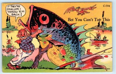 RAY WALTERS Fish Exaggeration Comic ~ Greetings from PORT AUSTIN, MI Postcard