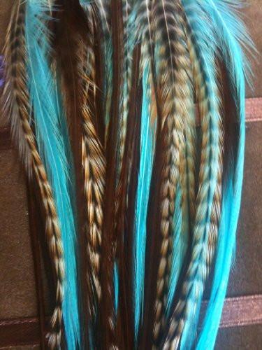 Genuine Turquoise, Grizzly & Brown Feather Hair Extension 5-7 inches 1 Extension