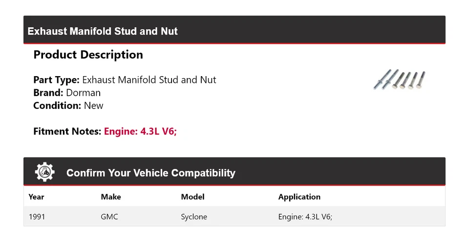 Para GMC Syclone 1991 4,3 L V6 Dorman colector de escape perno y tuerca Foto 2 de 4