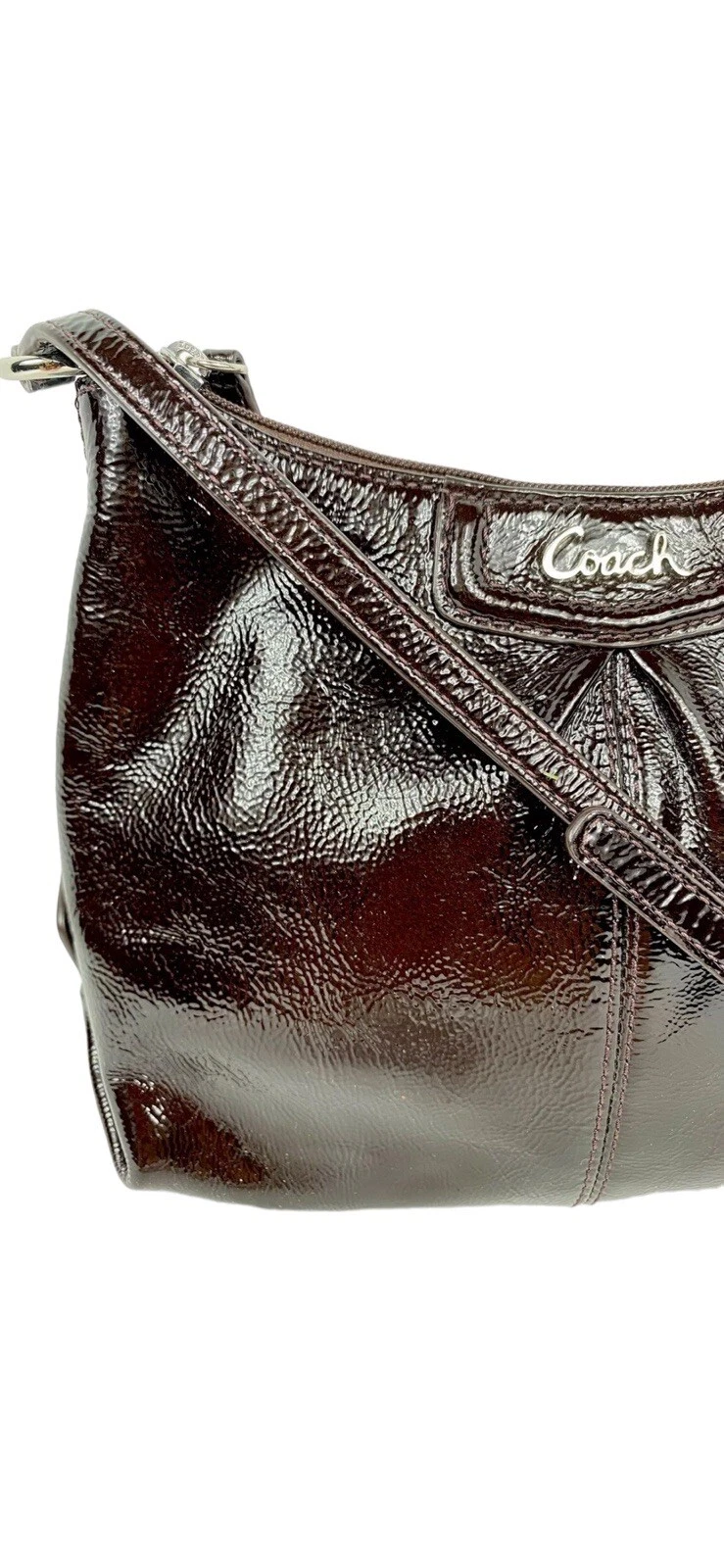 Borsa a tracolla Coach Patent lucida liquida borsa marrone cioccolato