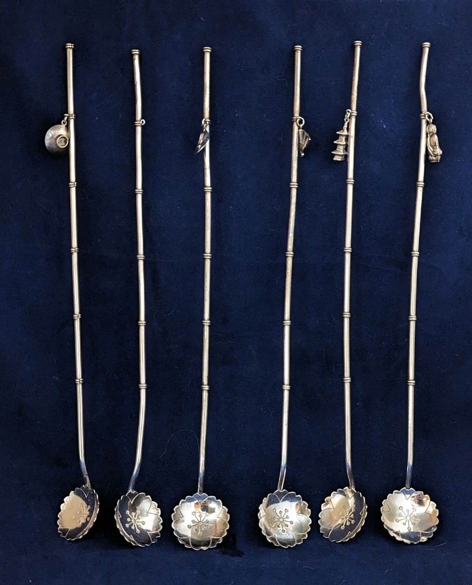 Japanese 950 Sterling Silver Iced Tea Straw Spoon Set w Japanese 950 Sterling Silver Iced Tea Straw Spoon Set w